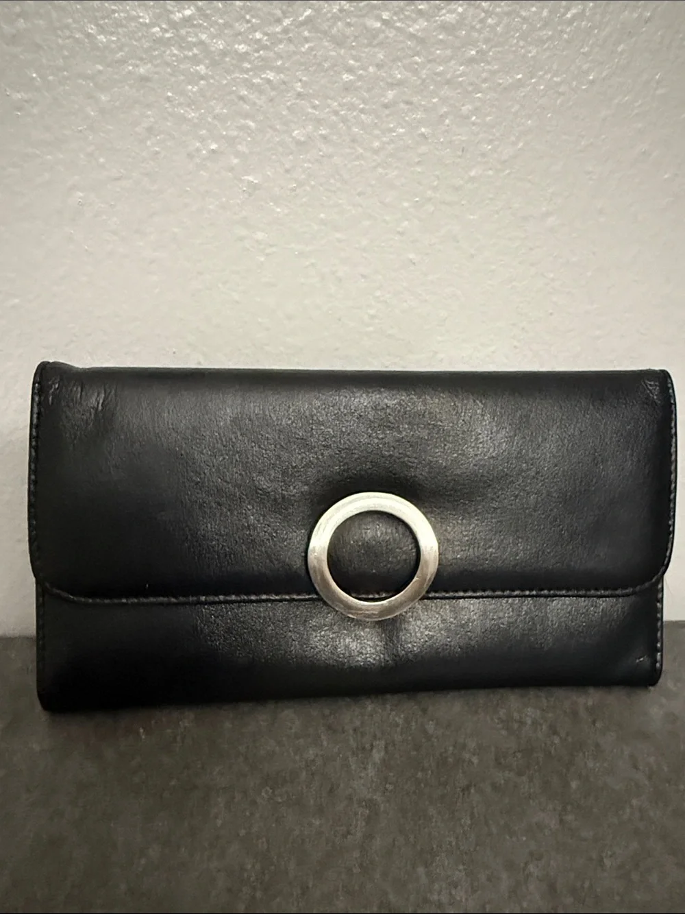 Classic Black Leather Wallet Clutch with Silver Ring Accent Wilson’s Leather